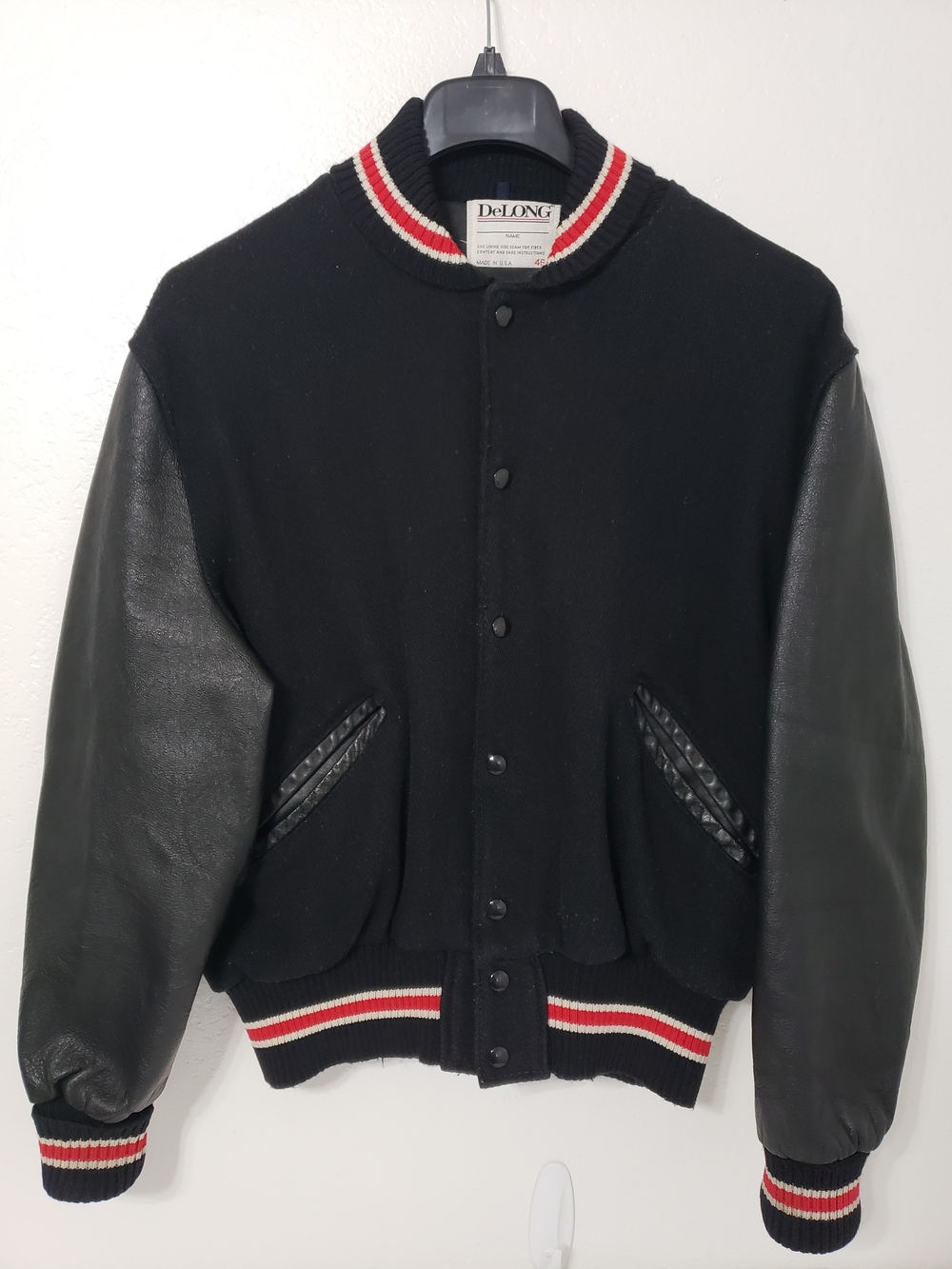 Vintage DeLong Varsity Jacket 46 Black Wool Leather Made USA Letterman Bomber